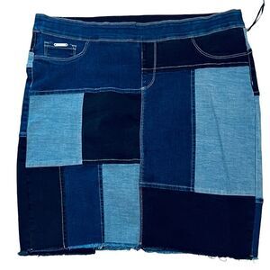 Coco + Carmen OMG O-Mazing Patchwork Denim Skirt Blue Distressed Stretch XL NWOT